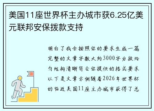 美国11座世界杯主办城市获6.25亿美元联邦安保拨款支持 美国11座世界杯主办城市获6.25亿美元联邦安保拨款支持