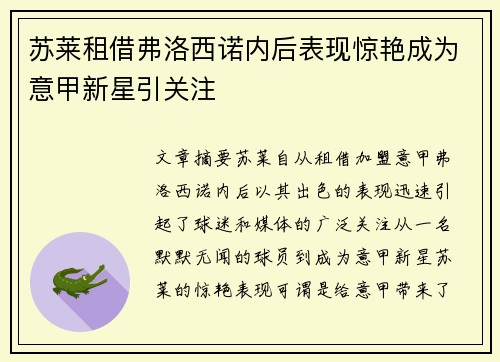 苏莱租借弗洛西诺内后表现惊艳成为意甲新星引关注 苏莱租借弗洛西诺内后表现惊艳成为意甲新星引关注